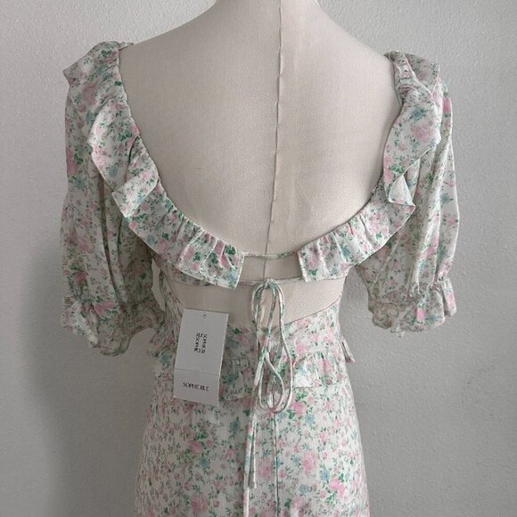 Sophie Rue by Anthropologie Puff Sleeves Back Cut Out Linen Dress S Cottagecore - Picture 10 of 11